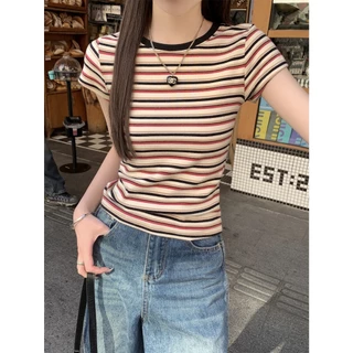 เสื้อยืดเเขนสั้น เสื้อคอกลมเเขนสั้น ลายสลับสีสวย ลายทางสีสวย เรียบง่าย เข้ากับทุกสไตส์ #020322