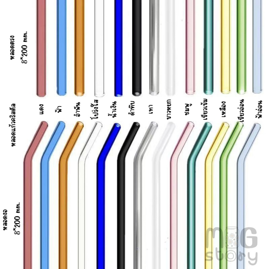 (16/20 cm) หลอดแก้ว หลอดเครื่องดื่ม มีหลายสี ทนต่ออุณหภูมิสูง  📌สั่งขั้นต่ำ 2 ชิ้น