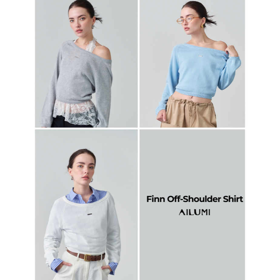 AILUMI - Finn Off-Shoulder Shirt เสื้อแขนยาวปาดไหล่ซ้าย