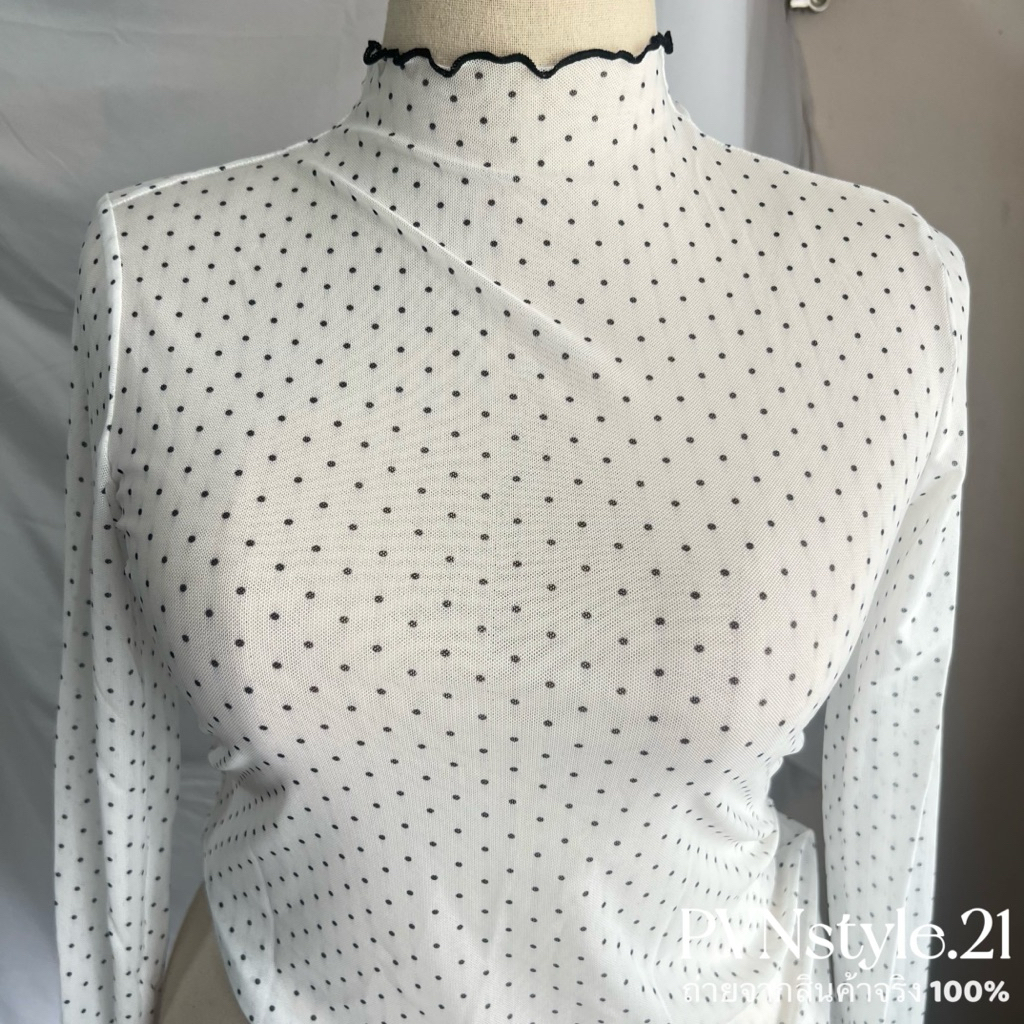 (ไซส์ใหญ่) เสื้อแขนยาวคอเต่าผ้าซีทรูลายจุด อก 36-54