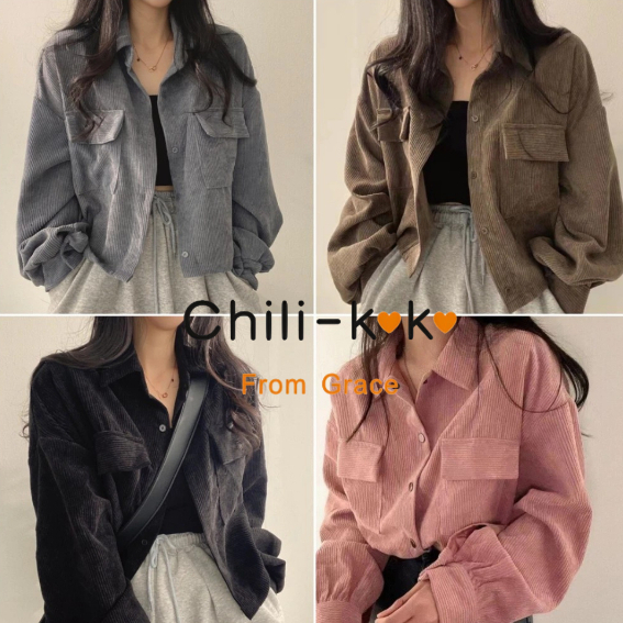 KOKO ❤️เสื้อครอป แขนยาว แขนพอง แฟชั่น เสื้อวินเทจ กระเป๋าคู่ ผ้าลูกฟูก ทรงน่ารักมาก ผ้าดี ใส่สบาย  ดีเทลเก๋ๆ w273