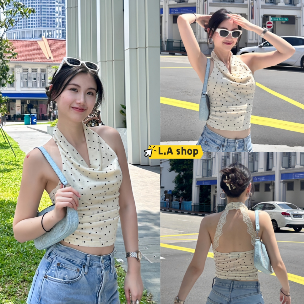 L.A Shop★สไตล์ใหม่★พร้อมส่ง ฤดูร้อนลายจุดพิมพ์ห้อยคอปิดไหล่ด้านบนแกว่งคอเสื้อกั๊ก"FY2862"