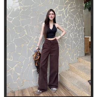 ยีนส์สีน้ำตาลเข้ม รุ่นตามหา กางเกงยีนส์ทรงกระบอกเอวสูง ผ้ายีนส์ไม่ยืด