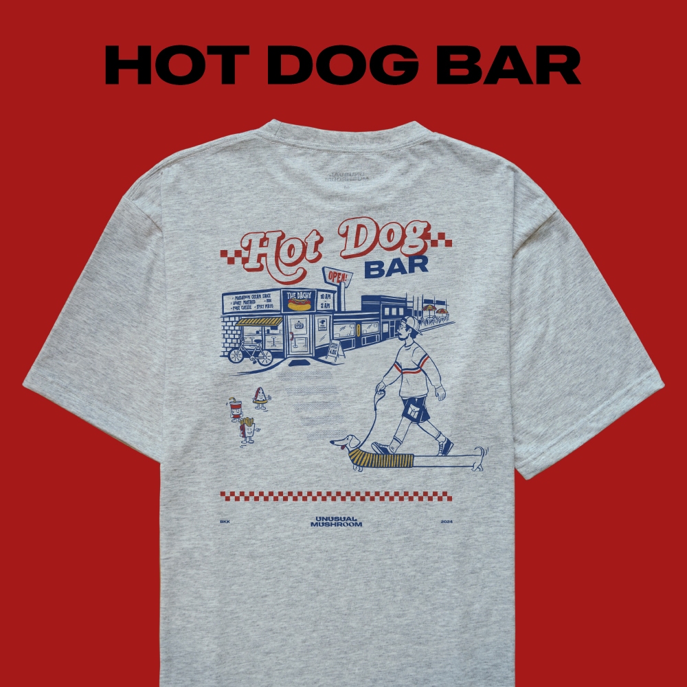 UNUSUAL MUSHROOM HOT DOG BAR เสื้อยืดลายกราฟฟิค