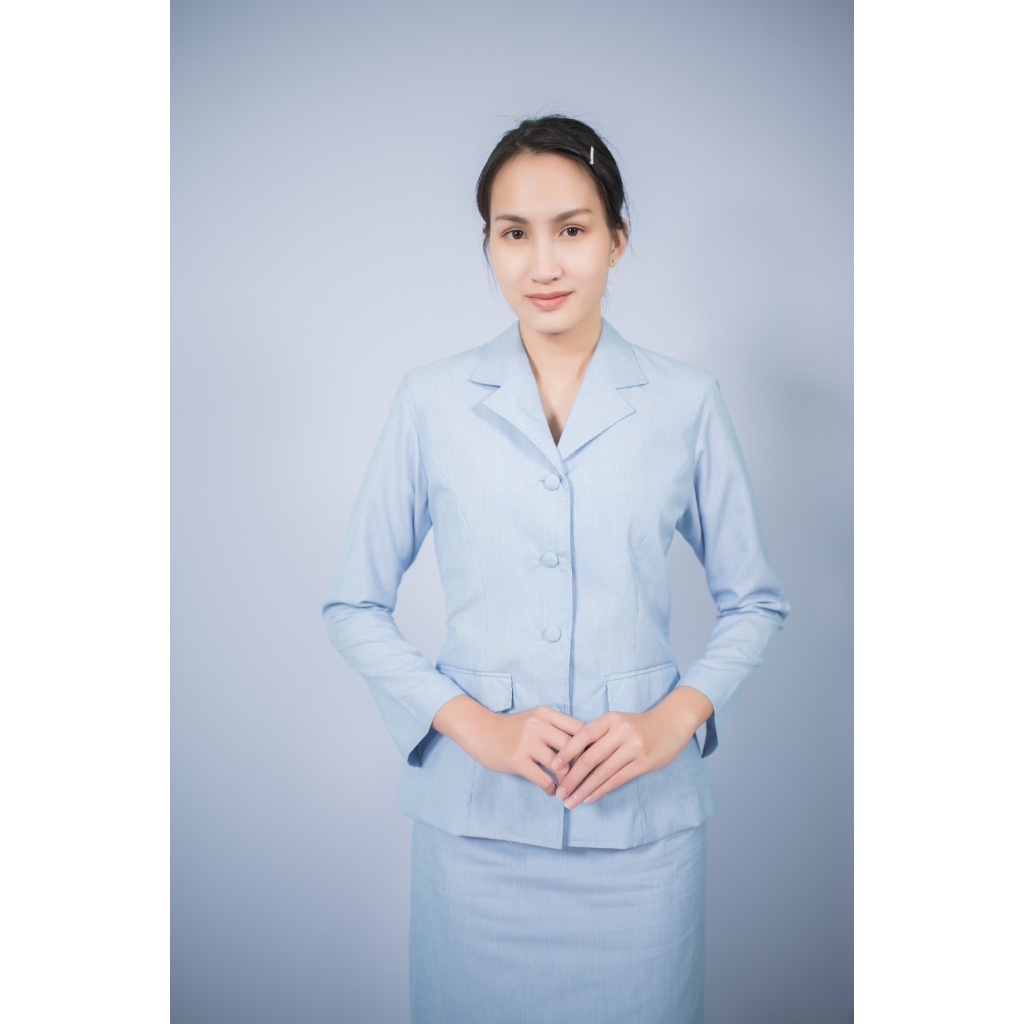 เสื้อพยาบาลฟ้าริ้วเข้ารูป (แขนยาว)