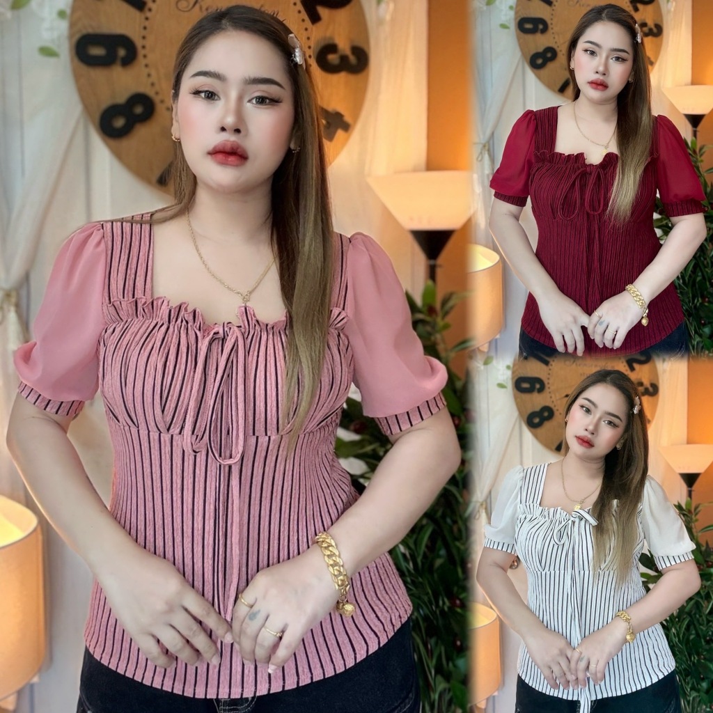 เสื้อสาวอวบ**ร้าน แม่เพ็ญ อก38-44ยาว 24 แต่งลายริ้วสวยๆ**รุ่น ทับทิม**