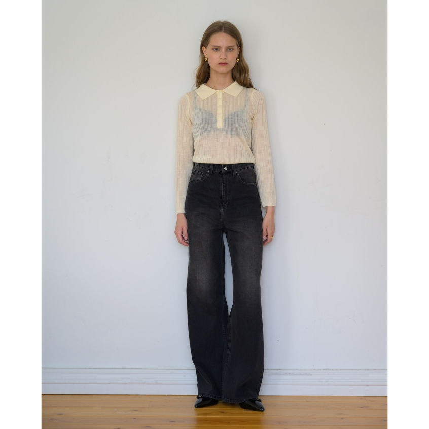 กางเกงยีนส์ขากระบอกเอวสูง Basic jeans – black fade