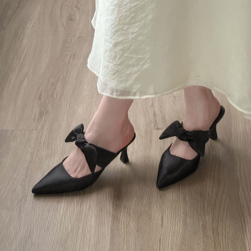 รองเท้าส้นสูงแฟชั่นสําหรับผู้หญิง รองเท้าส้นสูงทรงหัวแหลม ตกแต่งโบว์ วัสดุผ้าซาติน - รูปที่ 4