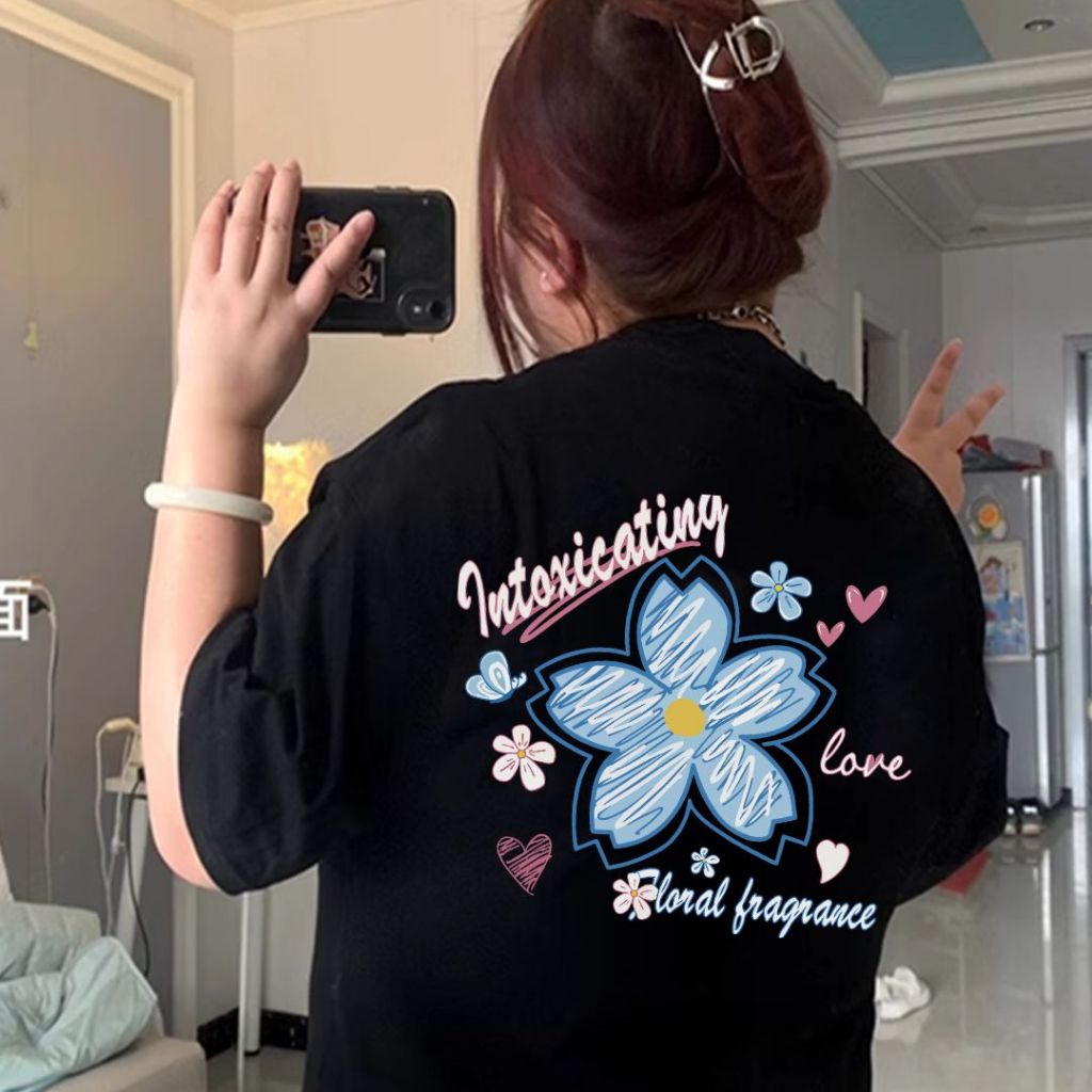 Teddy Tee🌸เสื้อยืดสาวอวบ ไม่หดตัว ลาย "flower" ผ้าฝ้าย100% OVERSIZE เสื้อยืดผู้หญิง สวมใส่สบาย พรางหุ่น สไตล์เกาหลี