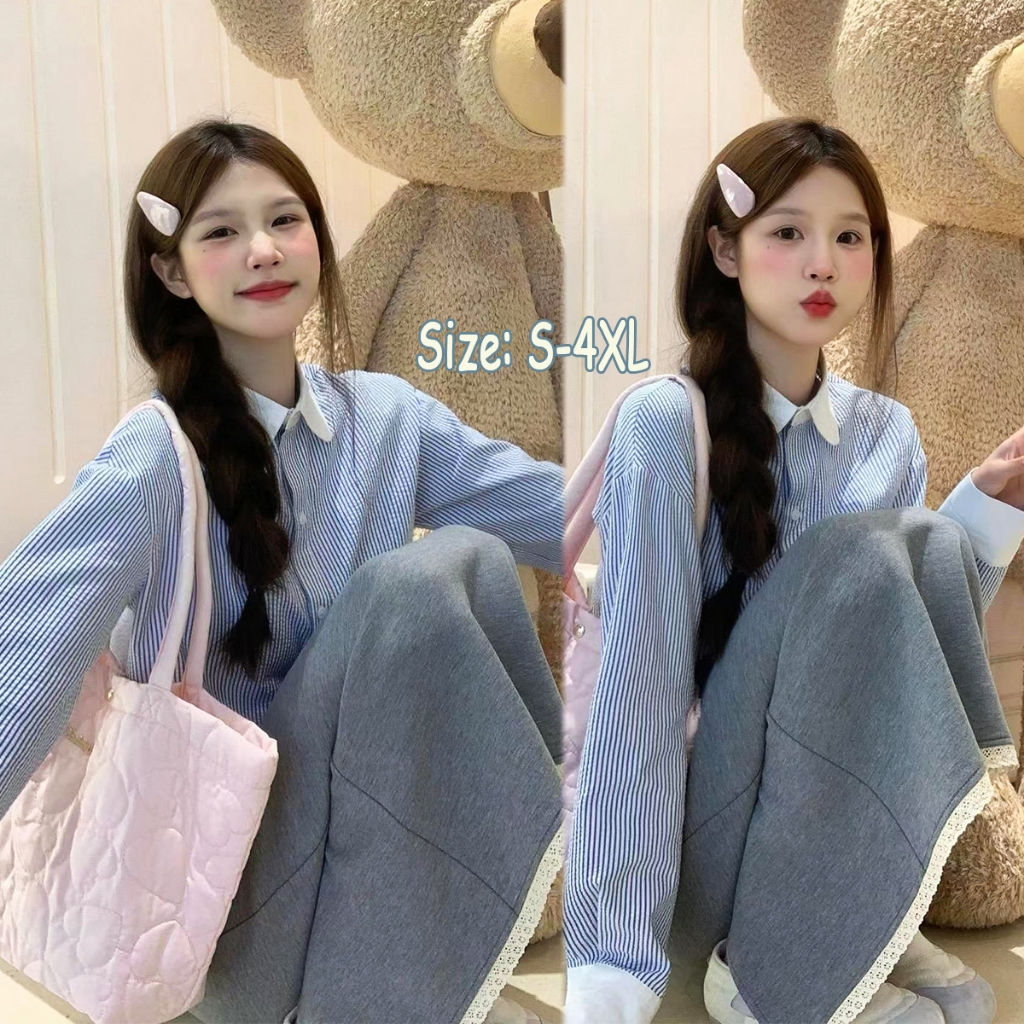 KOKO#เสื้อเชิ้ตผู้หญิงลายทางสีฟ้าตัดกับสีขาว แฟชั่นย้อนยุค เสื้อครอปแขนยาว สไตล์ลำลอง ลายทาง#w572