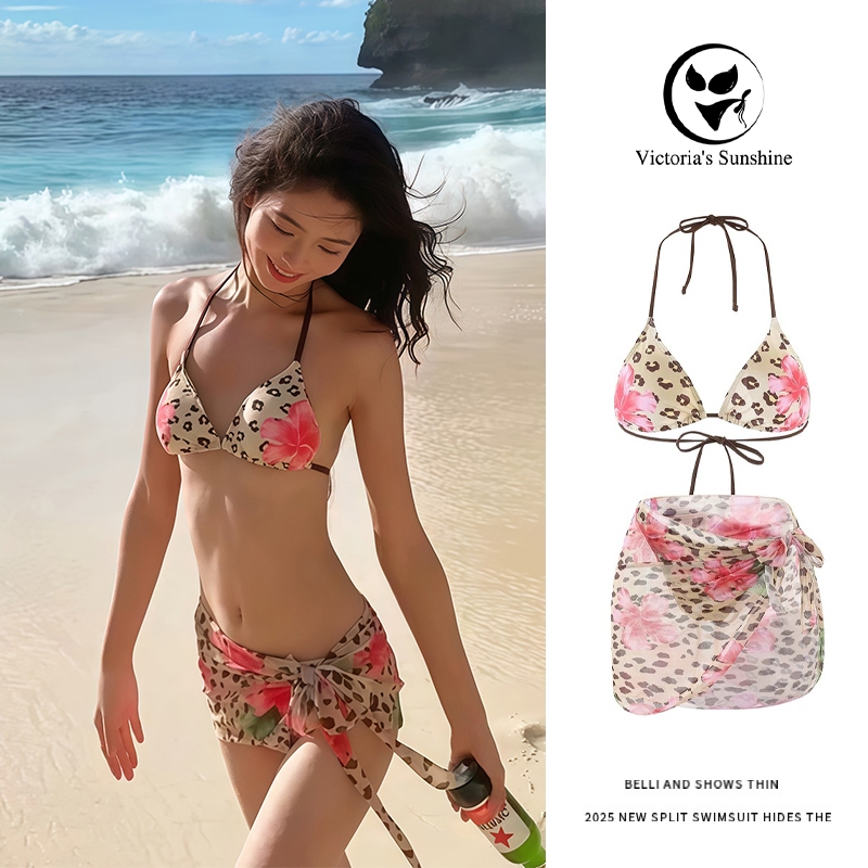 ชุดว่ายน้ําบิกินี่ bikini sexy 3 ชิ้น ลายเสือดาว summer beach มีฟองน้ำ#0899