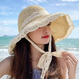 ส่งเร็ว💥หมวกฟางชายหาดสำหรับผู้หญิง ปีกหมวกกว้าง การออกแบบลูกไม้ แฟชั่นสไตล์เกาหลีหวานCOD.Artisanth