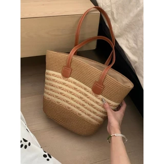 Cicishop(A137) กระเป๋าสานทอ ใบใหญ่ สะพานข้าง ใส่ของได้เยอะ พกพาง่ายใส่ไปทะเลหรือไปเที่ยววันหยุด