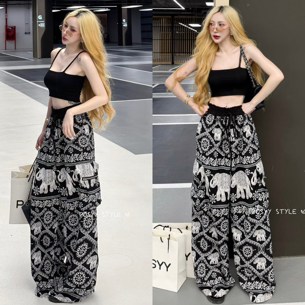🔥🔥 Posyy Style งานตามหา คอลใหม่ ทั้งชุด มือ 1 ป้ายห้อย ✅ - Set เสื้อครอปผ้าเรย่อน + กางเกงช้างโทนดำ ☑️☑️