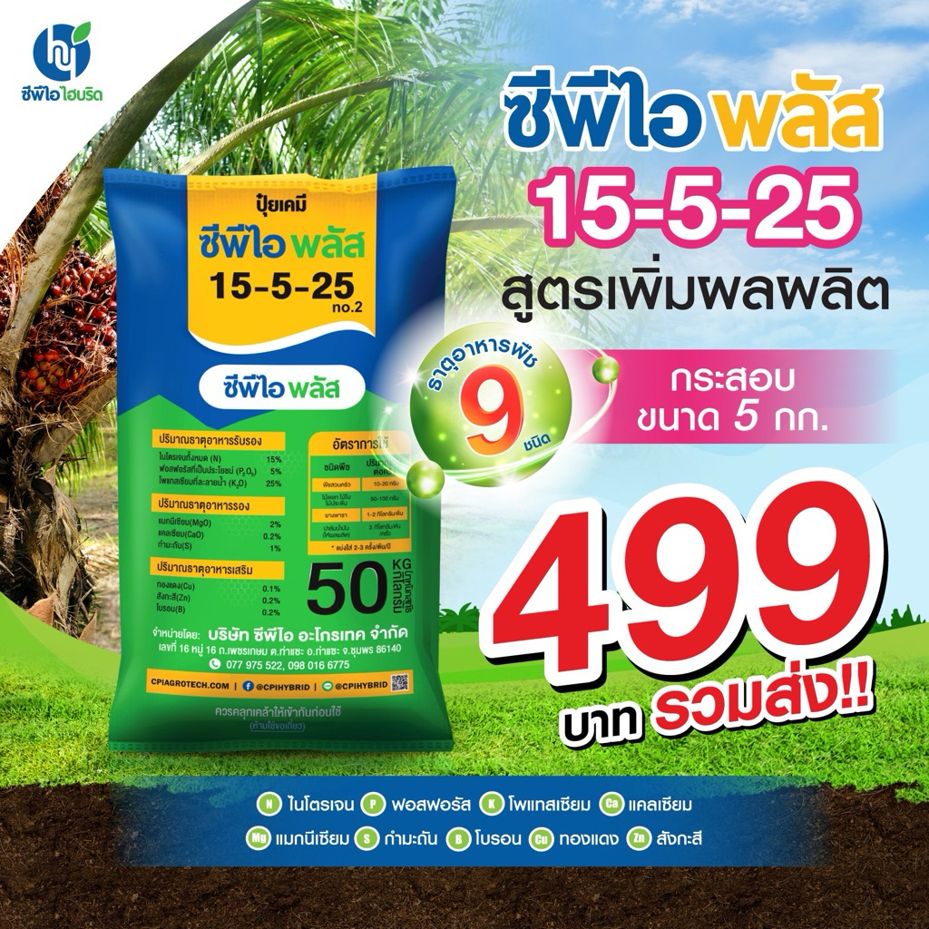 ปุ๋ยเคมี  ซีพีไอ พลัส (สูตร 15-5-25) ขนาด 5 กก.  สูตรเพิ่มผลผลิต อุดมด้วยธาตุอาหารสำคัญสำหรับพืช 9 ช