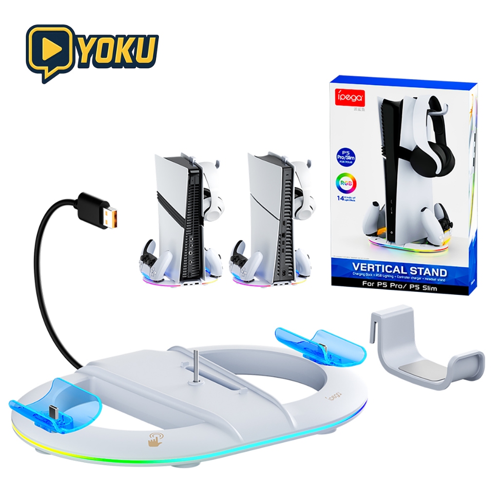 ขาตั้งแนวตั้ง PS5 Pro/Slim พร้อมแท่นชาร์จคอนโทรลเลอร์ ไฟ RGB + ที่แขวนหูฟังพรีเมียม