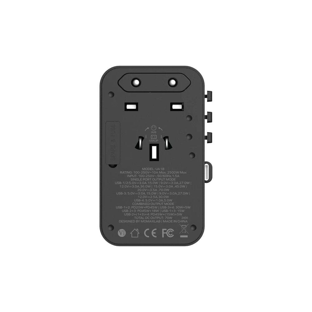 MOMAX หัวชาร์จและหัวแปลงปลั๊กไฟ 1-World+ 70W GaN 3-Port พร้อมสาย USB-C ในตัว + AC Travel Adaptor รองรับการชาร์จสูงสุด 70 ราคา ถูกที่สุด ดีลบีเคเค แกลเลอรีภาพที่ 2