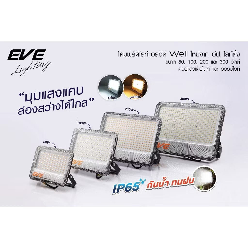 EVE โคมฟลัดไลท์ แอลอีดี รุ่น WELL ขนาด 50, 100, 200 วัตต์ กันน้ำกันฝุ่น IP65 แสงเดย์ไลท์