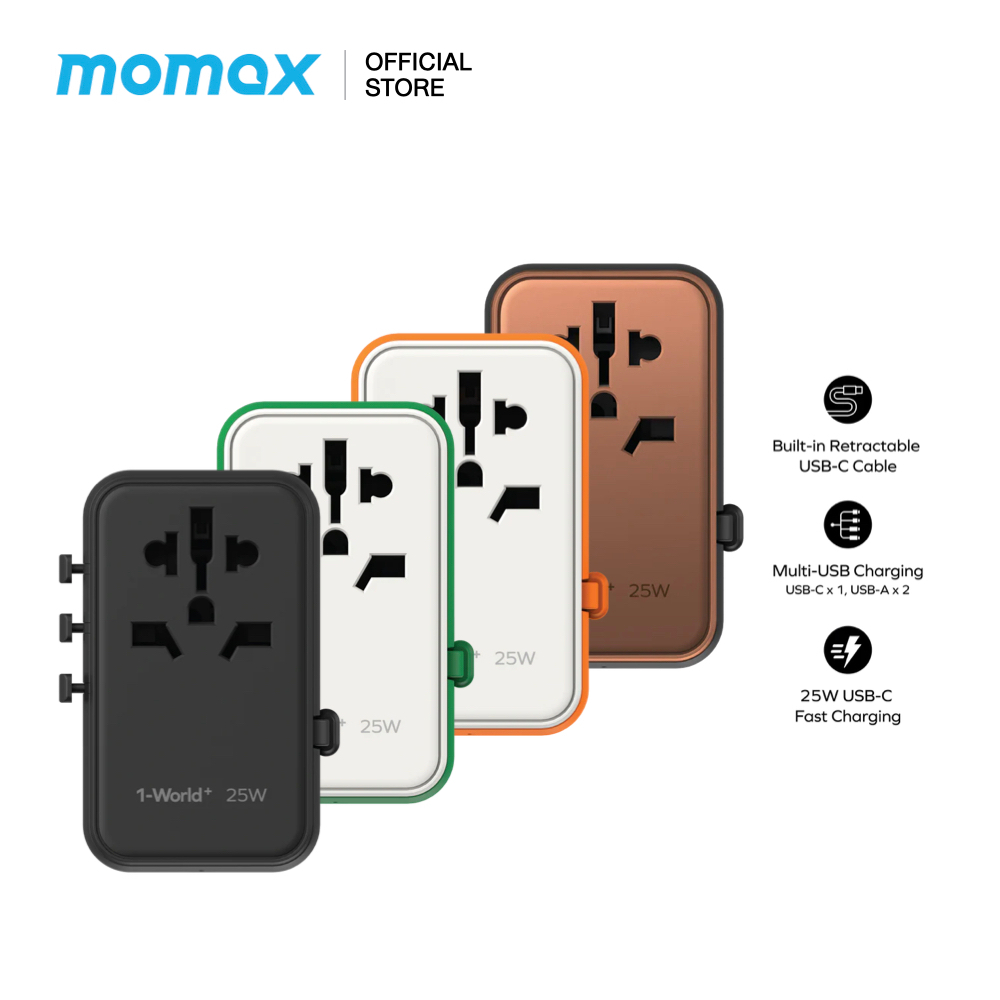 MOMAX หัวชาร์จและหัวแปลงปลั๊กไฟ 1-World+ 25W 3-Port พร้อมสาย USB-C ในตัว + AC Travel Adaptor รองรับการชาร์จสูงสุด 25W