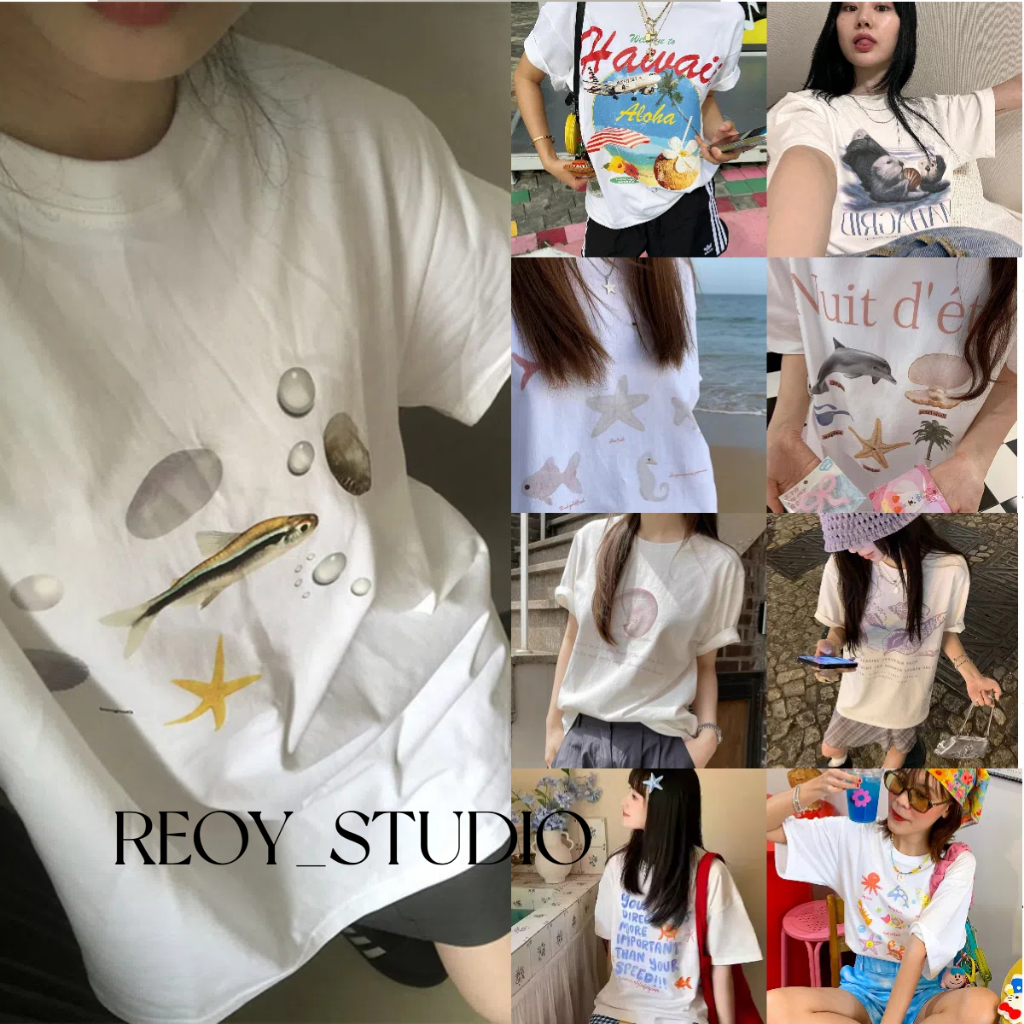 （จัดส่งตลอด 24 ชั่วโมง） เสื้อยืดสตรีทไฮสตรีทสีขาวแขนสั้นผู้หญิงเสื้อคอกลมทรงหลวมสไตล์ฮ่องกงชิคๆแบบใหม่ฤดูร้อน