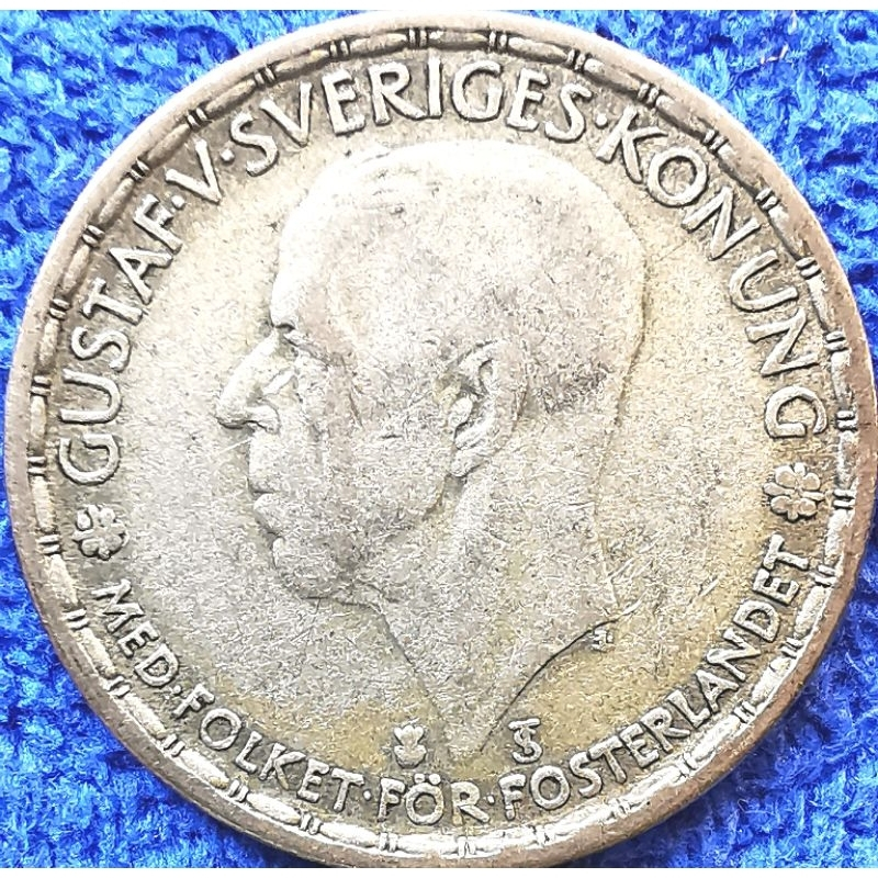 เหรียญ​สวีเดน​ Sweden, 1 Krone, ยุค​Gustaf V, (เนื้อ​เงิน​ Silver), #​4169, ใช้แล้ว