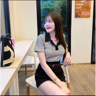 @PREM🌸เสื้อเชิ้ตแขนสั้นลายริ้ว+กางเกงบาร์บี้แถมเข็มขัด ชุดเซ็ท3ชิ้นราคาถูก🔥