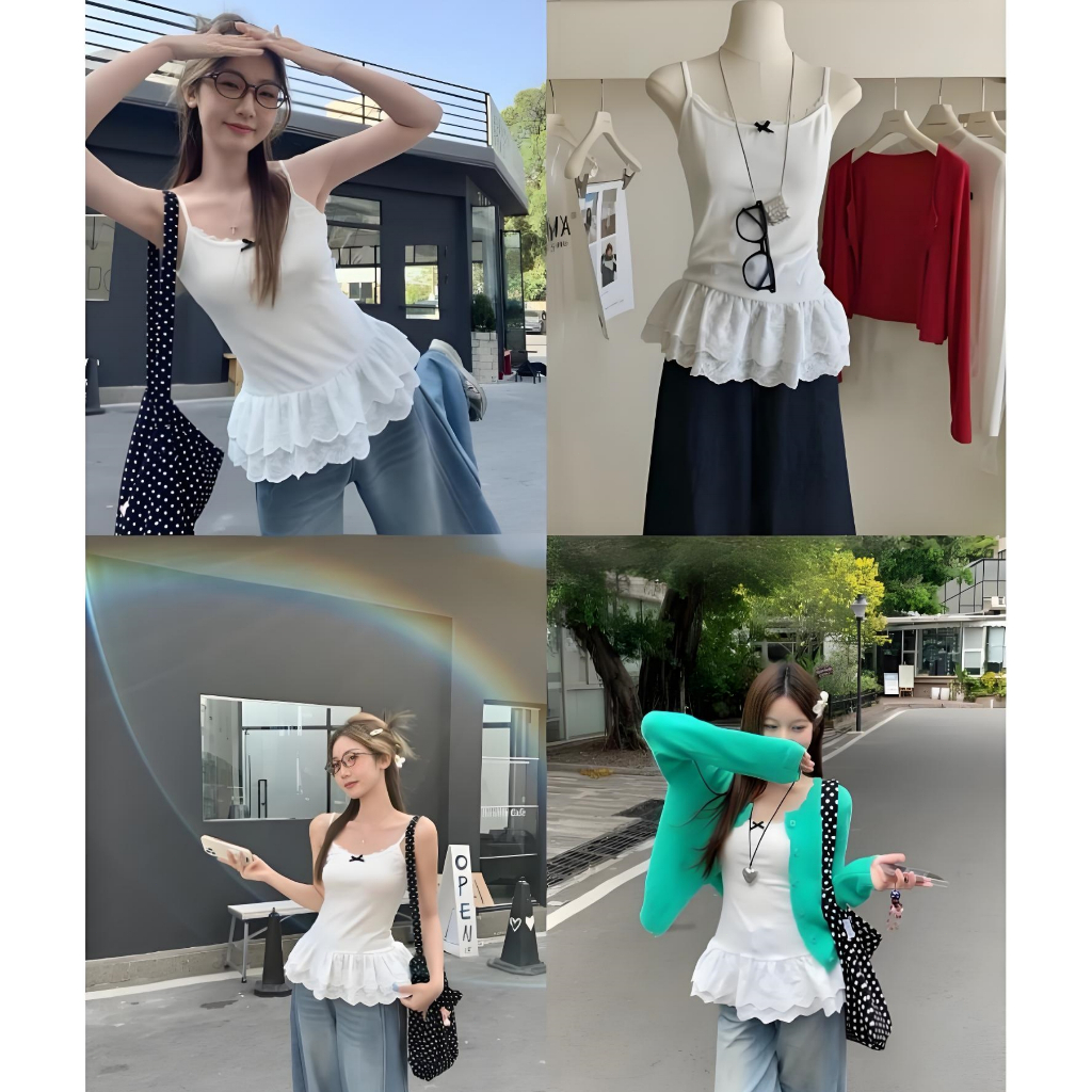 เสื้อสายเดี่ยวสีพื้น ✨ ระบายลูกไม้ชายเสื้อ+ปักโบว์เรียบง่าย เนื้อผ้ายืดไม่ร้อน