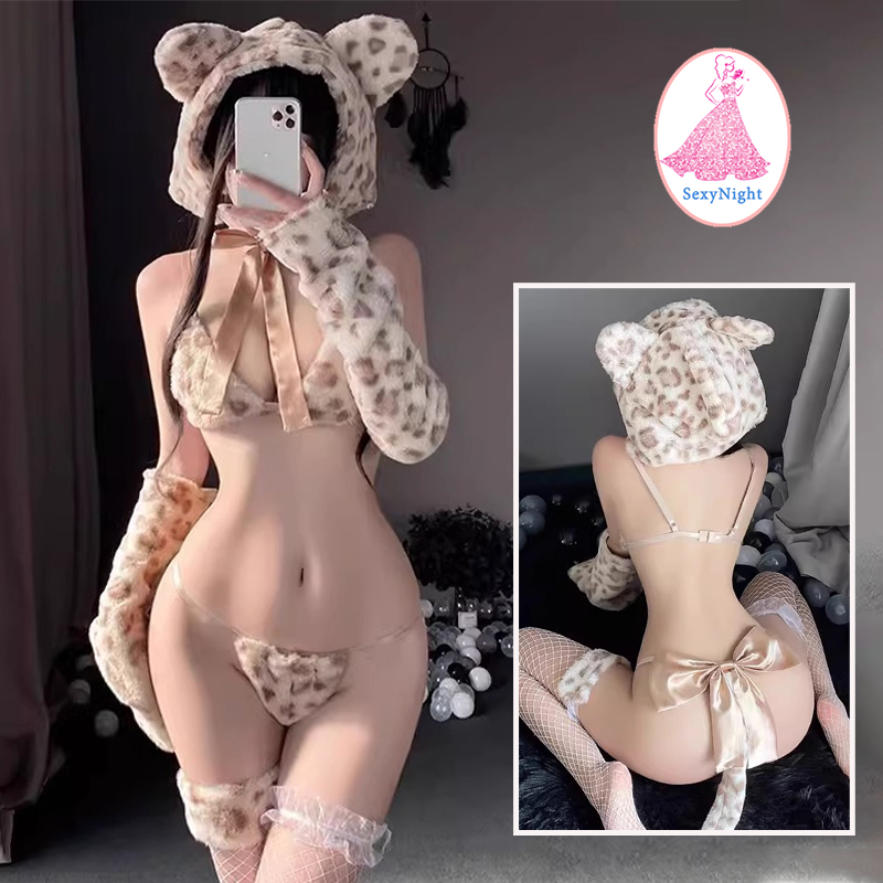 SexyNight🐆🐆ชุดแมวเซ็กซี่ ชุดคอสเพลย์ สไตล์น่ารัก คอวีลึก เปลือยหลัง ลายเสือ มีหาง ยั่วยวนสุดๆ ราคาถูก ส่งจากไทย