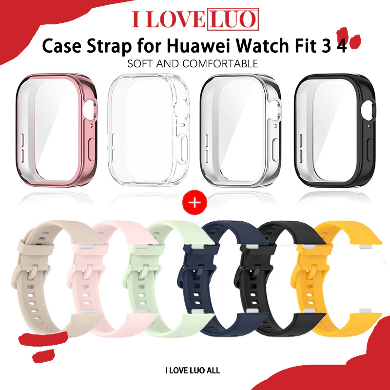 สายยาง + ปลอกป้องกัน TPU for Huawei Watch Fit 4 เทปเปลี่ยนกีฬาอ่อนวงดนตรีอุปกรณ์ป้องกันหน้าจอ for Huawei Watch Fit 3