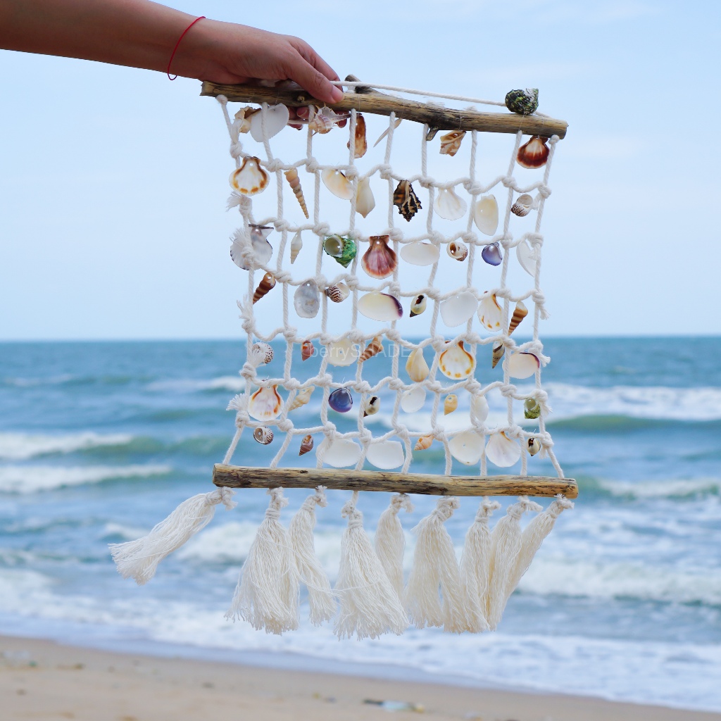 โมบายเปลือกหอย มาคราเม่แขวนผนัง โมบาย เปลือกหอย ตาข่าย แขวนผนัง ตกแต่งห้อง Macrame DIY Handmade