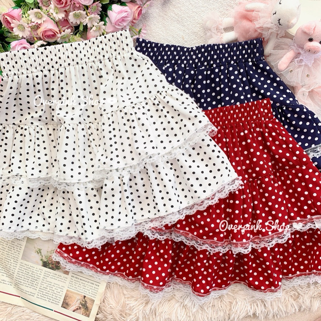 OVP  กระโปรงสั้น ลายจุด งานกระแสมาแรง แต่งลูกไม้ริม กระโปรงบาน