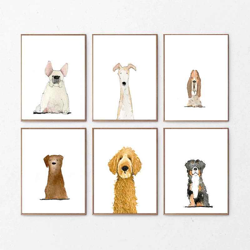 (พร้อมส่งจากไทย ภาพรวมกรอบ)Minimal สีน้ําสุนัข หมาน่ารัก French Bulldog Golden Retriever พิมพ์ผ้าภาพวาด ตกแต่งบ้าน