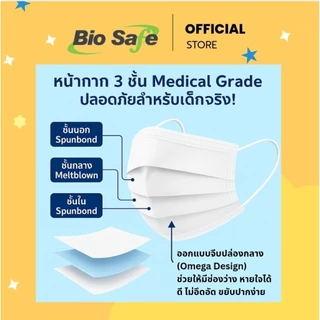 หน้ากากอนามัยเด็กไม่มีลาย 3 ชั้นทางการแพทย์ ป้องกัน PM2.5 เชื้อโรค Size S M 50 ชิ้น BioSafe