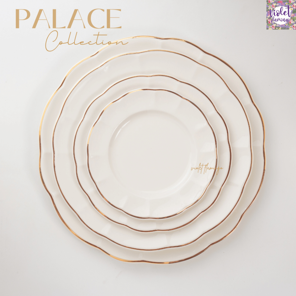 Violet Flamingo Palace Collection ชุดจานชาม & ชุดน้ำชาหรูหรา ผลิตจาก Premium Fine Porcelain สีขาวงาช้าง ตกแต่งด้วยวนทอง
