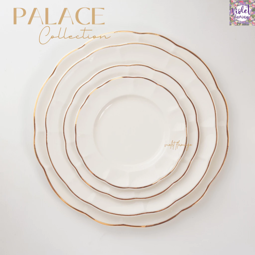 Violet Flamingo Palace Collection ชุดจานชาม & ชุดน้ำชาหรูหรา ผลิตจาก Premium Fine Porcelain สีขาวงาช้าง ตกแต่งด้วยวนทอง