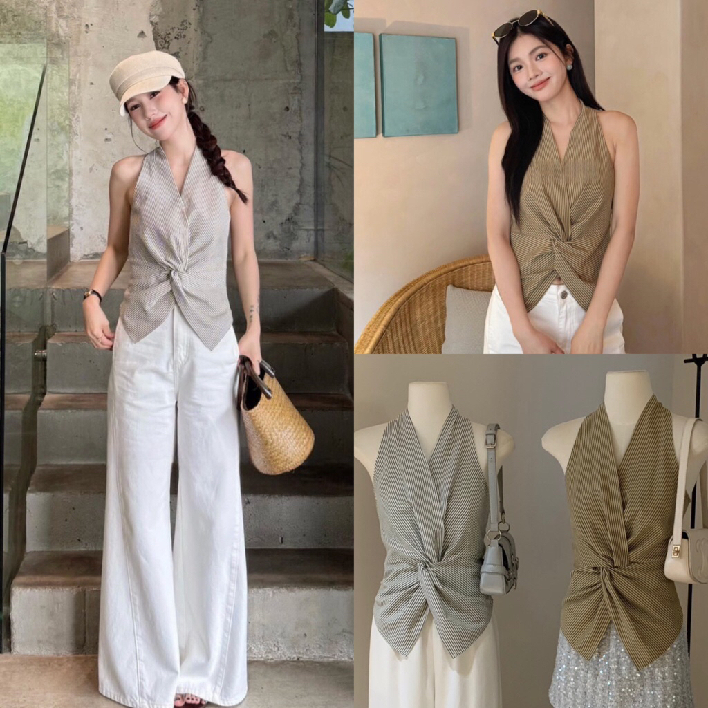 เสื้อแขนกุดคล้องคอลายริ้วคอวีรุ่น 6000 TAG.WG.WE 🇰🇷