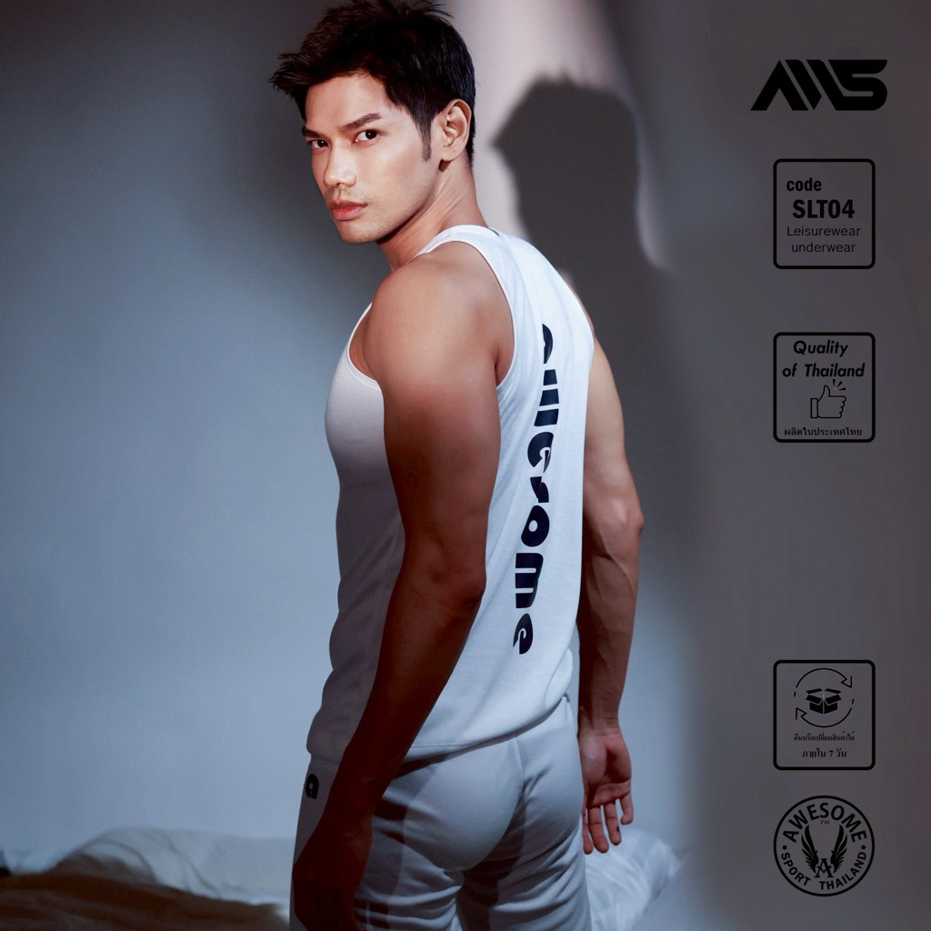 SLT04 เสื้อกล้ามกุ้นคอเเขน สกรีน หน้า - หลัง Awesome