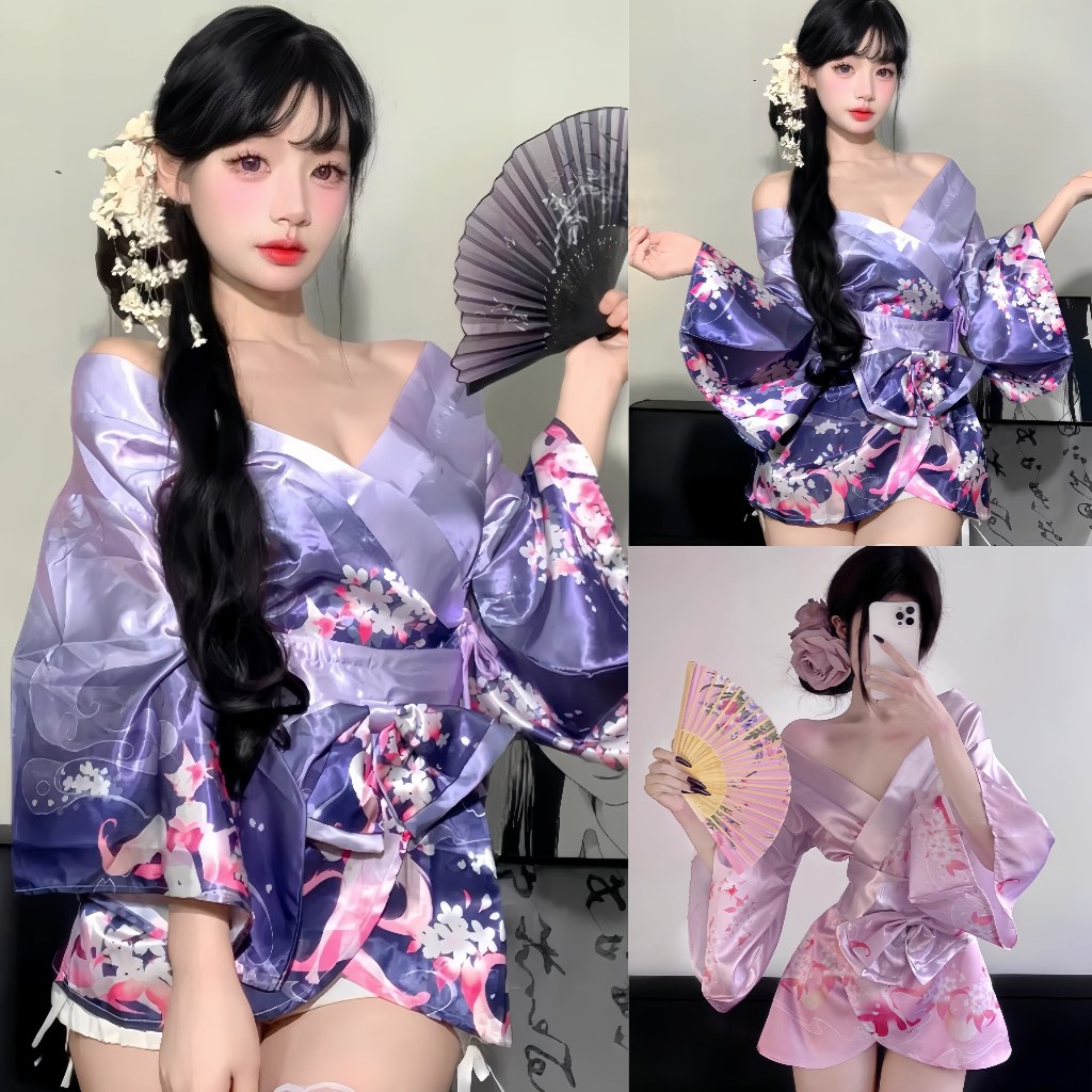 NIGHT TIME ชุดคลุมผ้าซาติน ชุดคอสเพลย์เซ็กซี่ ชุดกิโมโนญี่ปุ่นผู้หญิง🥬  มีไซต์ M-5XL นน 40-100 KG สไตล์ญี่ปุ่น N-1254