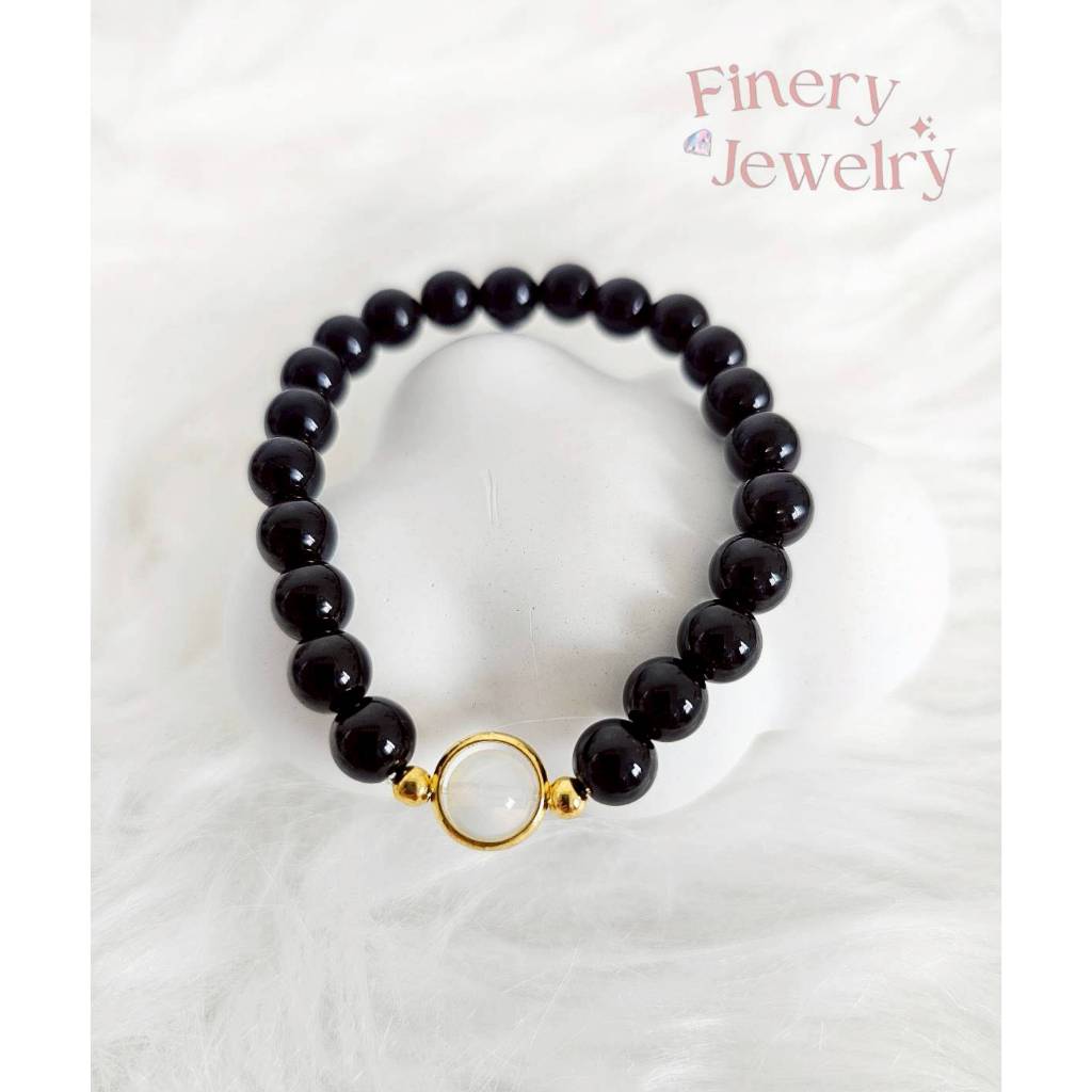 สร้อยหินนิลแท้ แต่งจี้ opal