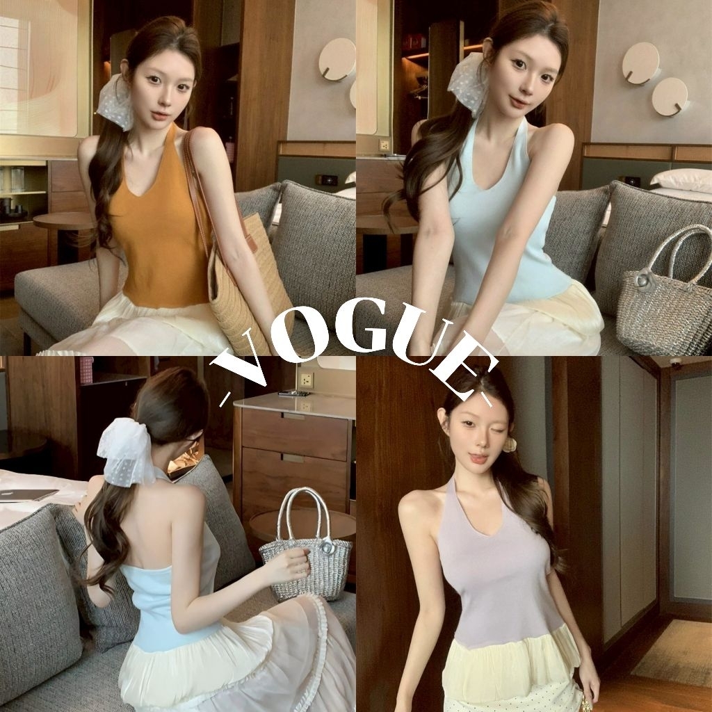 Vogue🌟พร้อมส่ง🌟 เสื้อคล้องคอไหมพรม เว้าหลัง สีสดใส (Z-R56)