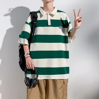 CLIFF เสื้อโปโลผู้ชาย แขนสั้นสำหรับผู้หญิง เสื้อคอปก ชุดคู่รัก แมทช์ลุคง่าย ลายทาง ลำลอง