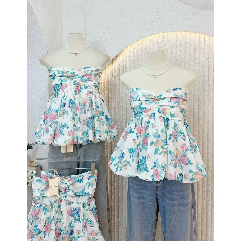 NN577 เสื้อเกาะอกทรงบอลลูนลลายดอกไม้ Peekanong🌷