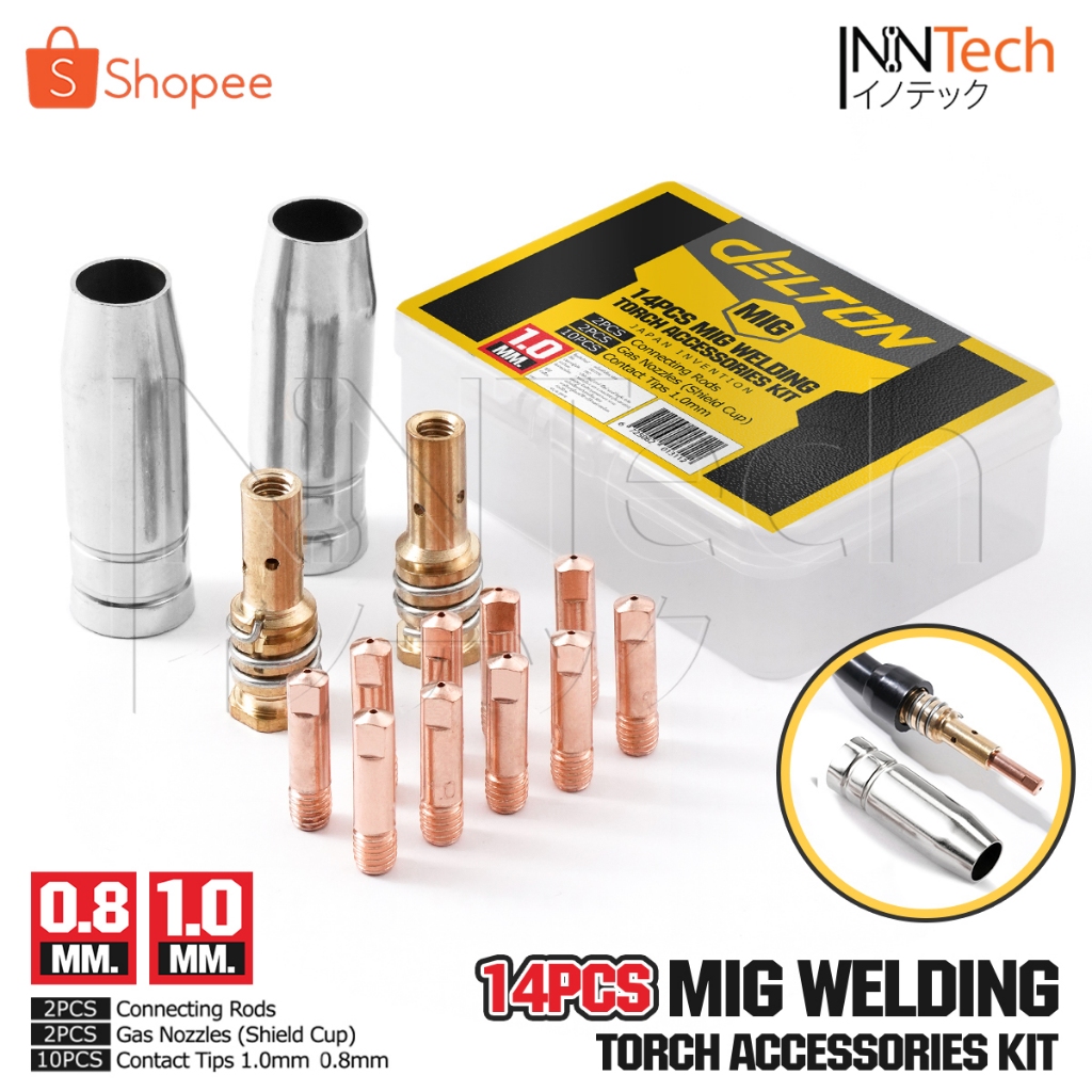 DELTON หัวเชื่อมมิก 14 ชิ้น/ชุด ขนาด 0.8 / 1.0 มม. อะไหล่ Mig Welding Torch ใช้ร่วมกับสายเชื่อม ตู้เชื่อม MIG ทุกยี่ห้อ
