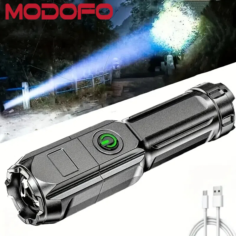MODOFO ไฟฉาย LED ซูมได้ แบบพกพา ทนทาน ชาร์จไฟได้ สว่างมาก สําหรับใช้ในครัวเรือน กลางแจ้ง