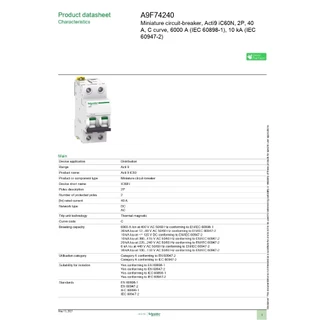Schneider MCB Acti9 iC60N 10kA, 400VAC, 2Pole, 40 A เบรกเกอร์ลูกย่อย 2โพล 6-50A A9F74240