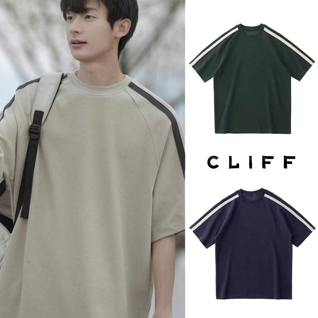 CLIFF เสื้อยืดผู้ชาย สไตล์อเมริกัน คอกลมแขนสั้น เสื้อผู้หญิง ชุดคู่รัก เย็บติดกัน วาฟเฟิลด์ แบบหลวม