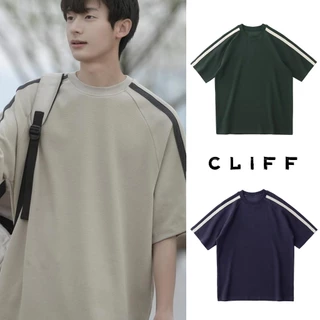 CLIFF เสื้อยืดผู้ชาย สไตล์อเมริกัน คอกลมแขนสั้น เสื้อผู้หญิง ชุดคู่รัก เย็บติดกัน วาฟเฟิลด์ แบบหลวม