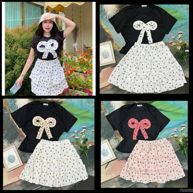 ชุดเซ็ตกระโปรง เสื้อปักโบว์+กระโปรงมีซับใน