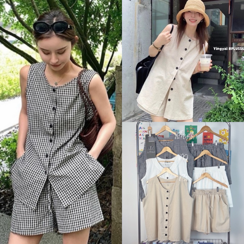 ชุดเซ็ต 2 ชิ้น เสื้อแขนกุดติดกระดุมหน้า +กางเกงขาสั้นเอวสม็อครอบ ไซส์ใหญ่ สาวอวบ YY