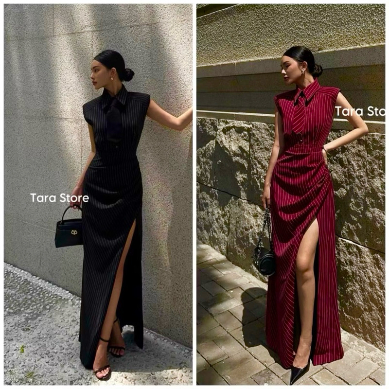 เดรสแขนกุดลายทางพร้อมไทด์สีแดงเลือดหมู XL จากร้าน Tara Store มือสองของแม่ค้าเองค่ะ